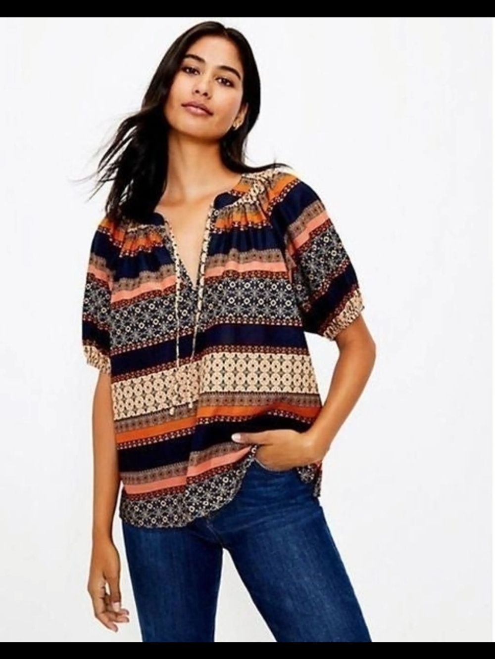 NWOT LOFT Navy and Rust Striped Peasant Blouse Sz L